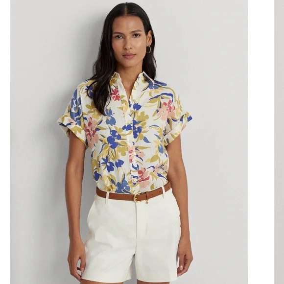 Lauren Ralph Lauren 100% Linen Relaxed Fit Floral Short Sleeve Shirt Size 3X - Picture 2 of 13